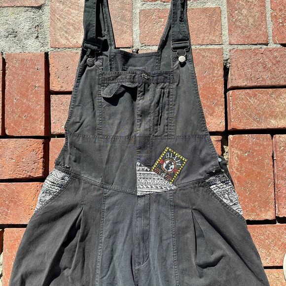 Vintage Nixit Black Overalls Men’s Medium Tribal Aztec Patch 90s Grunge Rare - Picture 3 of 9